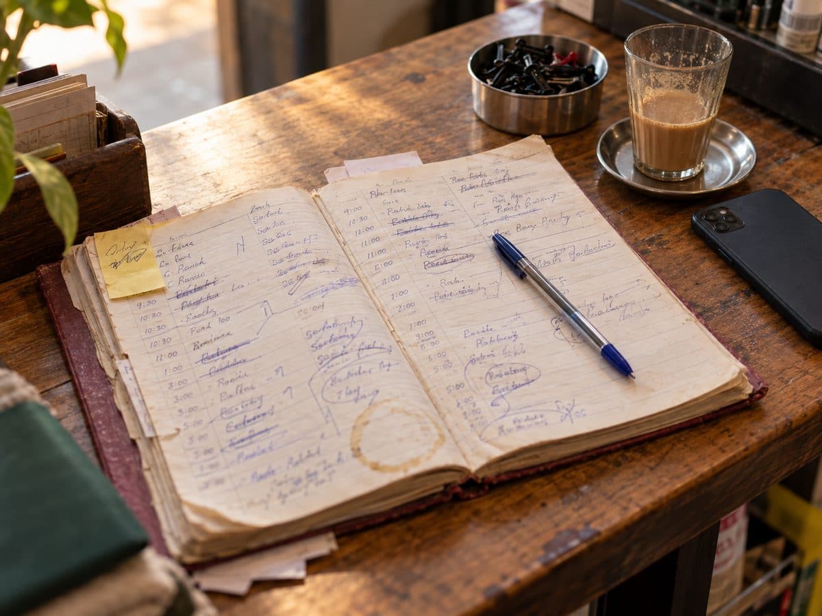 A worn appointment diary on a shop counter, full of crossed-out times, next to a glass of chai